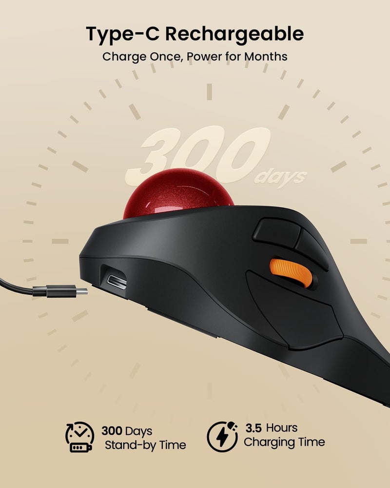 ProtoArc Wireless Bluetooth Trackball Mouse, EM03 NL Ergonomic Rollerball Mouse Rechargeable Computer Mice, 3 Device Connection, Compatible with PC, iPad, Mac, Windows-Red Ball - Image 4